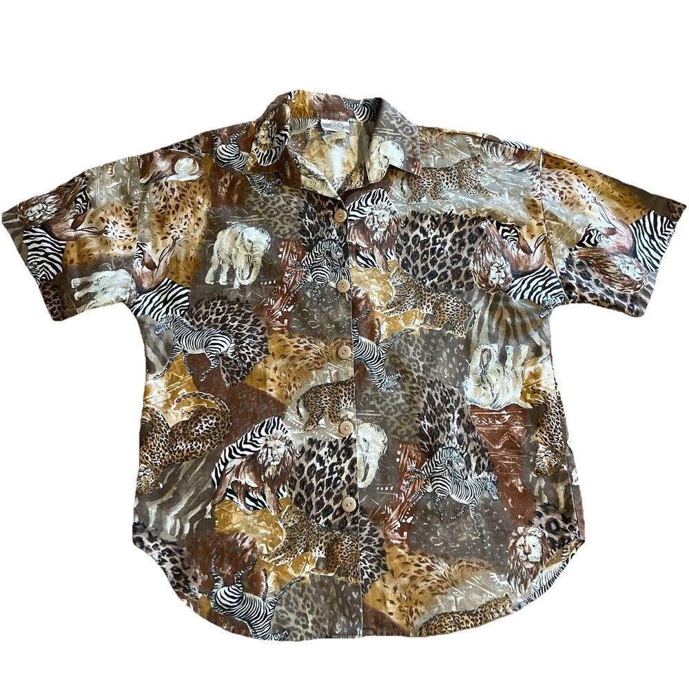 Vintage 80s Safari Animals Cotton Button Shirt Large Novelty